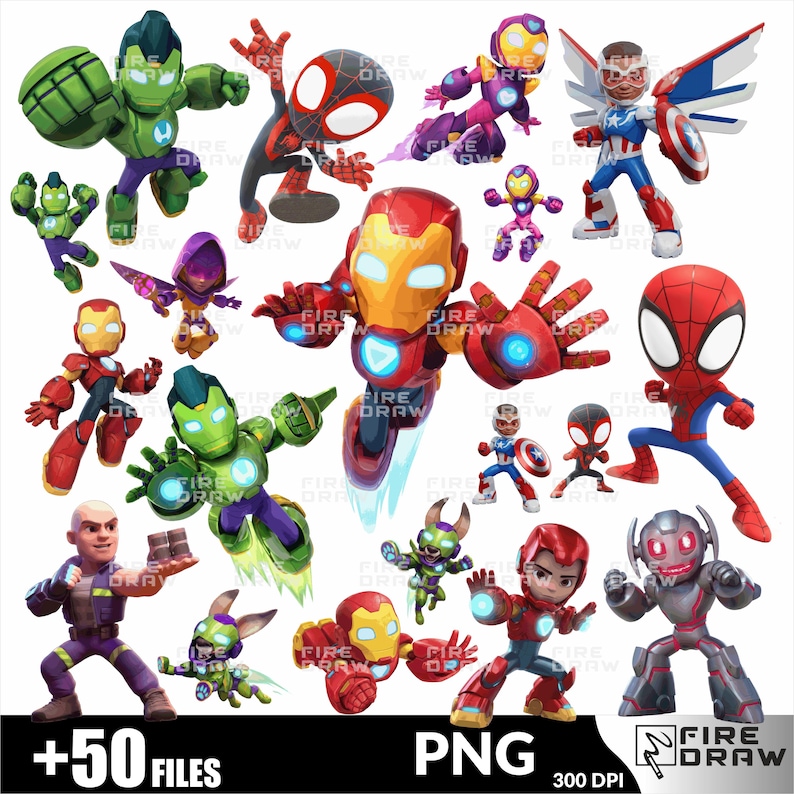 May include: A collection of cartoon superhero figures in various poses. The characters include Iron Man, Spider-Man, Captain America, and others, all in vibrant colors. The image also includes the text "+50 FILES" and "PNG".