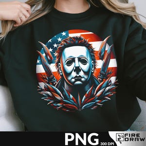 May include: Black sweatshirt featuring a graphic of a masked figure with knives, set against a backdrop of the American flag. The design incorporates red, white, and blue colors, with a detailed illustration style. The image includes the text "PNG" and "FIRE DRAW".