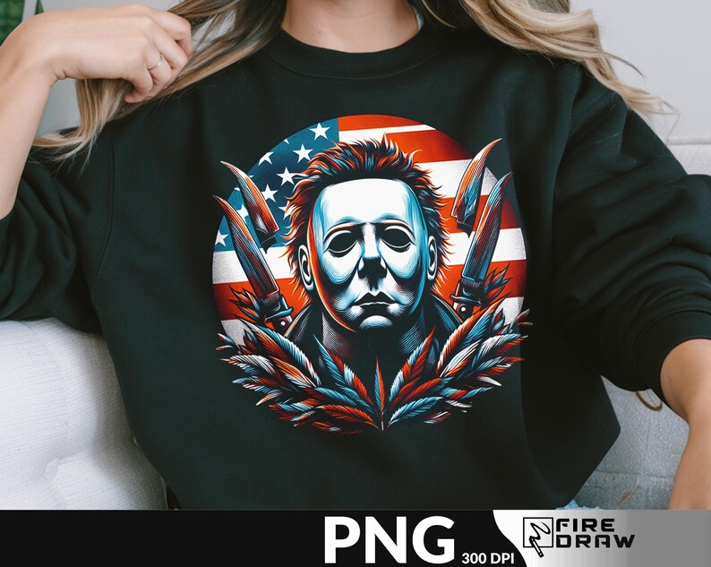 May include: Black sweatshirt featuring a graphic of a masked figure with knives, set against a backdrop of the American flag. The design incorporates red, white, and blue colors, with a detailed illustration style. The image includes the text "PNG" and "FIRE DRAW".