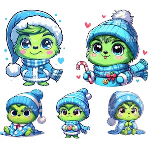 Pode incluir: Uma coleção de cinco ilustrações de desenhos animados de uma criatura verde com olhos grandes, vestida com roupas de inverno azuis. A criatura é retratada em várias poses, incluindo um chapéu, cachecol e casaco, e segurando uma bengala de doces. Corações e flocos de neve também estão presentes.