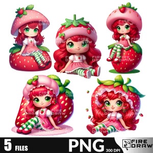 Moranguinho Strawberry Shortcake PNG bundle, Rosita Fresita Clipart for cake toppers and birthday PNG kit, Strawberries png