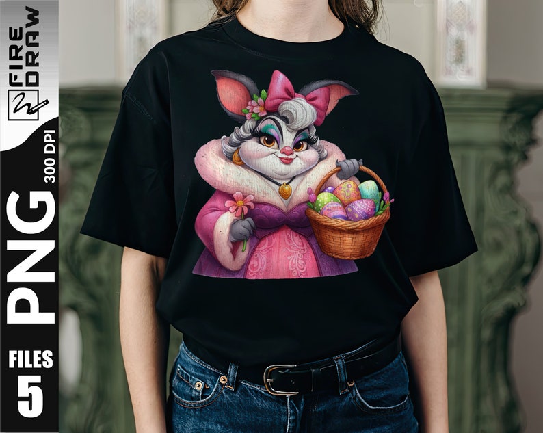 May include: A black t-shirt with a colorful illustration of a bunny rabbit wearing a pink dress and holding a basket of Easter eggs.