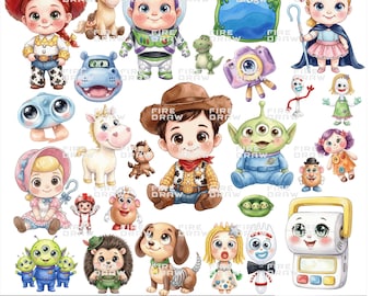 Paquete de imágenes PNG de Toy Story con bebés adorables en acuarela, imágenes prediseñadas y archivos SVG, decoraciones para fiestas de cumpleaños infantiles, baby shower de Woody Buzz, descarga instantánea.