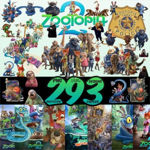 Puede incluir: Un collage de imágenes y personajes de Zootopia. La imagen incluye el logotipo de Zootopia, una placa de policía y varios personajes como Judy Hopps, Nick Wilde y Flash. También está presente el texto "293 Designs".