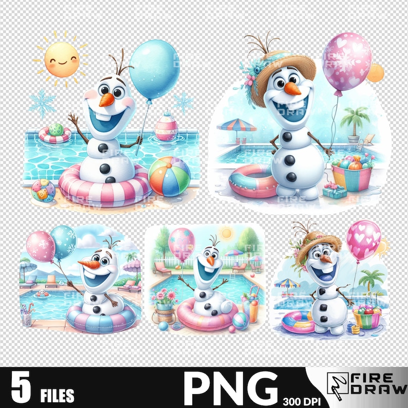 May include: Five digital illustrations of Olaf from Frozen, a snowman, enjoying summer by the pool. Olaf is wearing a straw hat and holding a beach ball, a pool float, and a balloon. The illustrations are on a transparent background.