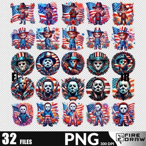 May include: A collection of 32 PNG files featuring patriotic designs. The designs include illustrations of characters in American flag-themed outfits, and portraits of horror movie characters with patriotic backgrounds. The designs are in red, white, and blue.
