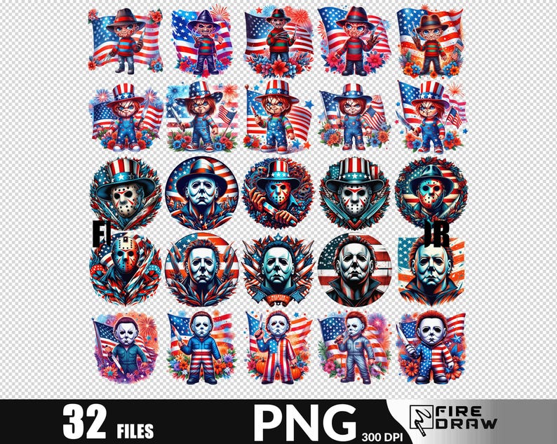 May include: A collection of 32 PNG files featuring patriotic designs. The designs include illustrations of characters in American flag-themed outfits, and portraits of horror movie characters with patriotic backgrounds. The designs are in red, white, and blue.