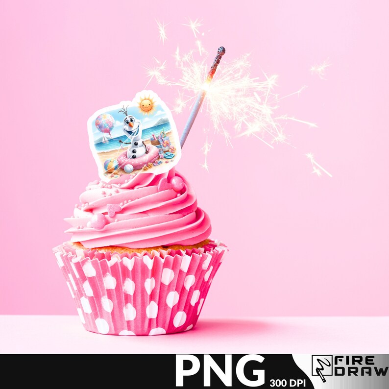 May include: A pink cupcake with white polka dots topped with a  sparkler and a round edible image of Olaf from Frozen wearing a life preserver and sunglasses on a beach.