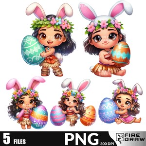 May include: Five digital illustrations of a cartoon girl with brown hair wearing a pink bunny ear headband and a flower crown. Each girl is holding a decorated Easter egg. The eggs are blue, green, orange, and yellow.