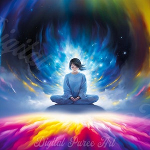 Calme l’esprit : Méditation, Art mural spirituel coloré, Énergie cosmique, Téléchargement numérique instantané en format PNG, Téléchargement imprimable