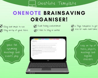 May include: A green and white graphic with the text "OneNote Template" and "OneNote Brainsaving Organiser!"  The graphic features a laptop with a OneNote window open. The text "How to Use" is visible in the OneNote window. The graphic also includes checkmarks with text describing the benefits of using the OneNote template.
