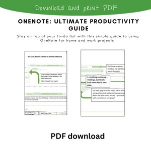 May include: A guide to using OneNote for productivity. The guide includes tips on how to organise notes, meetings, and events. The guide also suggests using OneNote's search function to avoid over-organising.