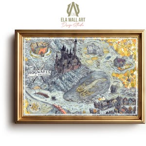 Fantasy Karte Leinwand Poster, Zauberer inspiriert Schloss Aquarell Poster, Studenten betreten die magische Schule, Filmreihe Karte, Wandkunst