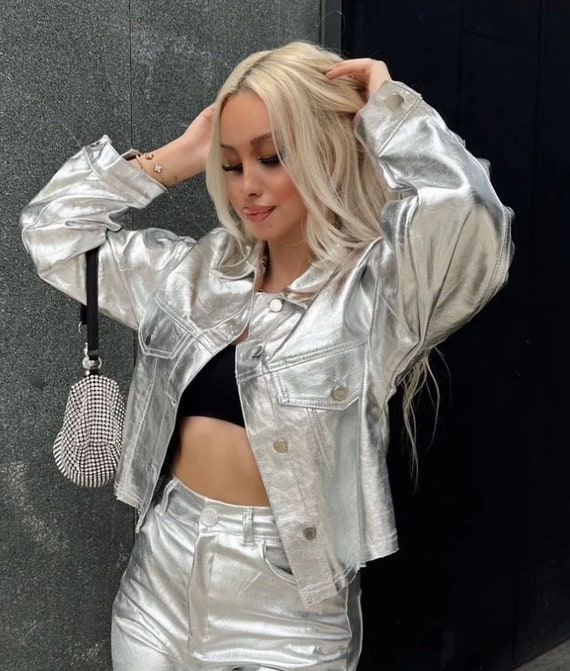2000er Vintage Silber Bolero Jacke / Disco Ball Kurz Crop Top / Langarm Festival Shrug