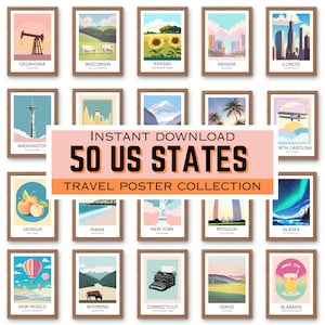 Collezione UNICA di 50 stati degli Stati Uniti, arte murale stampabile, poster di viaggio negli Stati Uniti, stile vintage, colori pastello, Stati Uniti, tutti gli stati, minimalista