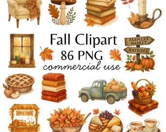 Fall Clipart Bundle | 86 PNG Autumn Illustrations | Transparent Background | Cozy Fall Aesthetic | Thanksgiving Harvest | Commercial Use |