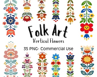 Flores verticales de arte popular, 35 PNG, uso comercial, escandinavo, mediados de siglo