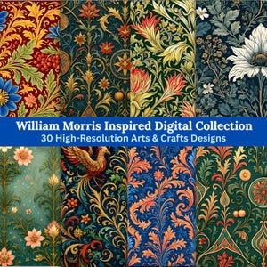 Puede incluir: Una colección de diseños digitales inspirados en William Morris. La imagen muestra varios patrones con motivos florales y botánicos en colores ricos como rojo, azul, verde y dorado. El texto dice "William Morris Inspired Digital Collection" y "30 High-Resolution Arts & Crafts Designs."