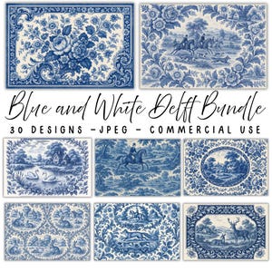 Könnte beinhalten: Eine Sammlung blau-weißer Delft-Designs. Das Bild zeigt verschiedene Muster, darunter Blumenarrangements, Jagdszenen und ländliche Landschaften. Der Text lautet "Blue and White Delft Bundle" und "30 Designs - JPEG - Commercial Use."