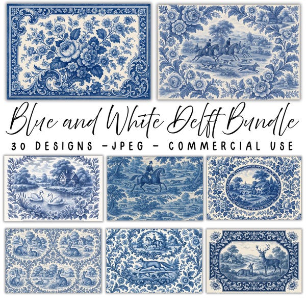 Blue and White Delft Bundle, Paper Set, Victorian Pastoral, English Countryside, Floral & Hunting Scenes, Printable Papers, Digital Download
