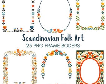 May include: A collection of colorful Scandinavian folk art frame borders. The frames feature floral and bird designs in red, orange, blue, and yellow. The text "Scandinavian Folk Art" and "25 PNG FRAME BODERS" is also present.