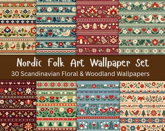 Może przedstawiać: Kolekcja kolorowych wzorów Nordic Folk Art Wallpaper Set. Wzory przedstawiają motywy kwiatowe i leśne z ptakami, jeleniami i grzybami. Tekst brzmi "Nordic Folk Art Wallpaper Set" i "30 Scandinavian Floral & Woodland Wallpapers."