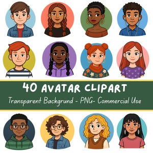 May include: A collection of 10 illustrated avatar portraits of diverse people, each set against a colored circular background. The image includes the text "40 AVATAR CLIPART" and "Transparent Background - PNG - Commercial Use".