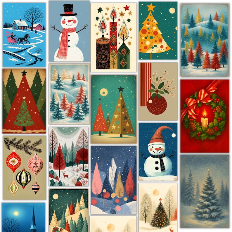 Peut inclure: Une collection d'impressions d'art sur le th&egrave;me de No&euml;l. Les impressions pr&eacute;sentent des sc&egrave;nes festives, notamment des bonhommes de neige, des arbres de No&euml;l d&eacute;cor&eacute;s, des paysages d'hiver et des ornements de vacances. La palette de couleurs comprend le rouge, le vert, le bleu et l'or.