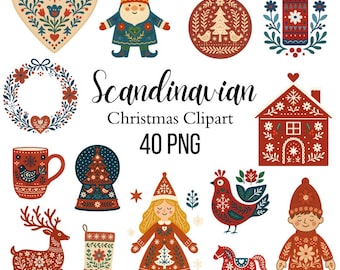 Scandinavian Christmas Clipart – 40 PNG | Folk Art Holiday Illustrations | Nordic Winter Graphics | Sublimation, Stickers, Crafts