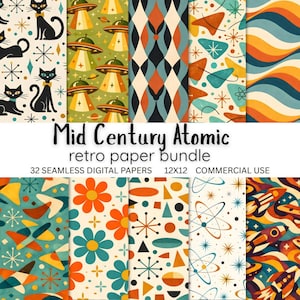 May include: A collection of retro-style digital papers with various patterns, including cats, UFOs, atomic designs, and flowers. The text reads "Mid Century Atomic retro paper bundle" with details about the papers.