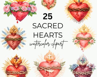 25 cliparts aquarelle Sacré-Cœur PNG | Illustrations de coeur catholique | Art floral religieux de coeur |  Téléchargement numérique spirituel