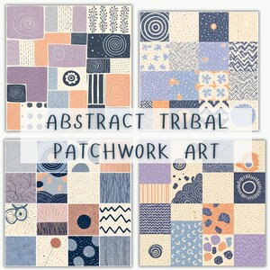 Può includere: Quattro stampe artistiche quadrate con design patchwork astratti. Ogni stampa presenta un motivo unico con forme geometriche, spirali ed elementi floreali nei toni del blu, viola, arancione e crema. Il testo "ABSTRACT TRIBAL PATCHWORK ART" è visualizzato sulle immagini.