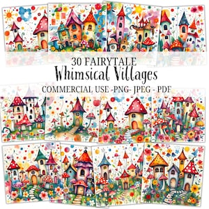 30 grillige sprookjesdorpen, kabouterhuizen, commercieel gebruik, digitale download, schattige sprookjeshuizen, sprookjesachtige clipart