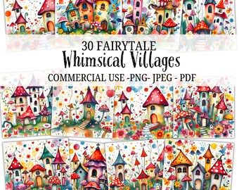 30 pueblos de cuentos de hadas originales, casas de gnomos, uso comercial, descarga digital, adorables casas de hadas, imágenes prediseñadas de cuentos de hadas