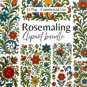 Rosemaling Clipart Bundle | 33 PNG Folk Art Floral Illustrations | Flowers | Commercial Use | Nordic | Slavic | Scandinavian