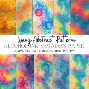 Puede incluir: Una colección de patrones abstractos ondulados y coloridos, estilo acuarela. Los diseños presentan una variedad de colores, incluyendo azules, rosas, amarillos y naranjas. El texto dice "Wavy Abstract Patterns" y "Alcohol Ink Seamless Paper".