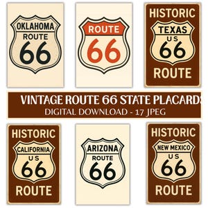 Könnte beinhalten: Eine Sammlung von Vintage-Route-66-Staatsschildern. Die Schilder zeigen das ikonische Route-66-Schilddesign mit der Zahl 66. Zu den Staaten gehören Oklahoma, Texas, Kalifornien, Arizona und New Mexico. Der Text "VINTAGE ROUTE 66 STATE PLACARDS" ist ebenfalls sichtbar.