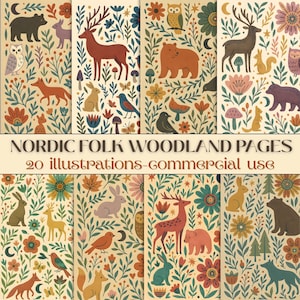 Op de afbeelding: Een verzameling geïllustreerde Nordic folk woodland pagina's met verschillende dieren en bloemmotieven. De illustraties bevatten beren, herten, vossen, konijnen en uilen. De tekst luidt "Nordic Folk Woodland Pages" en "20 illustrations - commercial use."