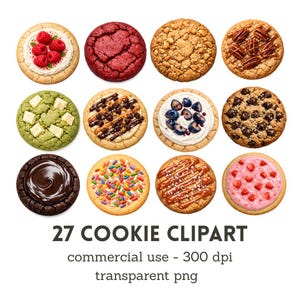 以下が含まれることがあります： ラズベリー、ナッツ、チョコレート、スプリンクル、ブルーベリーなどのトッピングが施された、12個の丸いクッキーのコレクション。画像には「27 COOKIE CLIPART」というテキストと、商用利用とファイルタイプに関する詳細が含まれています。