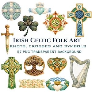 Puede incluir: Ilustraciones en acuarela de símbolos del arte popular celta irlandés, incluyendo cruces, un escudo, una espada, un arpa y un anillo de Claddagh. El texto dice "Irish Celtic Folk Art" y "Knots, Crosses and Symbols".