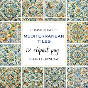 Puede incluir: Un conjunto de 12 diseños de azulejos cuadrados de estilo mediterráneo con patrones florales y de frutas en tonos azules, amarillos y verdes. La imagen incluye el texto "COMMERCIAL USE MEDITERRANEAN TILES 12 clipart png INSTANT DOWNLOAD."