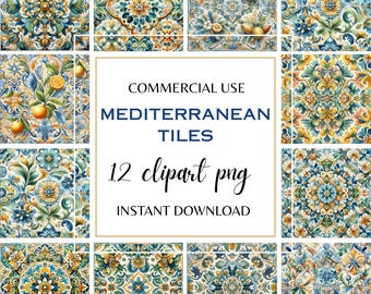 May include: A collection of 12 Mediterranean-style tile designs in a square format. The tiles feature intricate floral and fruit patterns in shades of blue, yellow, and green. The image includes the text "COMMERCIAL USE MEDITERRANEAN TILES 12 clipart png INSTANT DOWNLOAD."