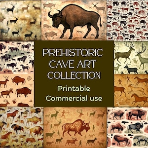 Può includere: Una collezione di arte digitale con dipinti rupestri preistorici. Le immagini mostrano vari animali, tra cui cervi e bisonti, in una varietà di stili e colori. Il testo "PREHISTORIC CAVE ART COLLECTION" è presente.