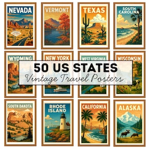 lot d'affiches vintage des 50 États des États-Unis, États-Unis, impressions haute résolution, affiches américaines, affiches de voyage, art mural Amérique, téléchargement numérique