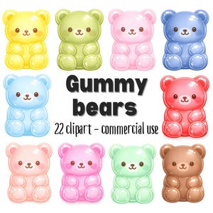 Könnte beinhalten: Illustration von neun bunten Gummibärchen in verschiedenen Farben, darunter Gelb, Grün, Rosa, Blau und Braun. Der Text "Gummy bears" und "22 clipart - commercial use" ist ebenfalls enthalten.