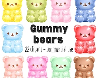 Puede incluir: Ilustración de nueve ositos de goma de colores, incluyendo amarillo, verde, rosa, azul y marrón. La imagen incluye el texto "Gummy bears" y "22 clipart - commercial use".