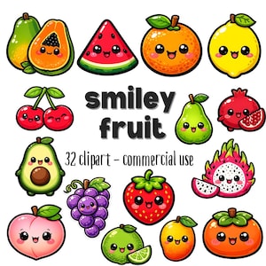 Pode incluir: Uma coleção de 12 ilustrações de frutas de desenho animado com rostos sorridentes. Inclui uma pera, mamão, melancia, laranja, limão, cerejas, abacate, uvas, morango, pêssego, limão, fruta do dragão, caqui. Texto: "smiley fruit" e "32 clipart - commercial use."