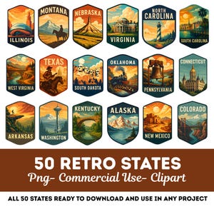Puede incluir: Una colección de 20 ilustraciones de estilo retro con el tema de los estados de EE. UU., cada una con monumentos y paisajes icónicos. Las imágenes tienen forma de escudo con colores vibrantes e incluyen texto como "ILLINOIS", "MONTANA" y "TEXAS". También está presente el texto "50 RETRO STATES".