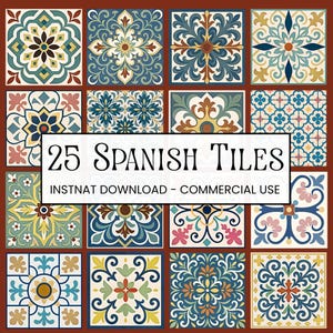 Könnte beinhalten: Eine Anordnung von 25 spanischen Fliesen mit verschiedenen floralen und geometrischen Mustern in Blau-, Grün-, Gelb- und Rottönen. Die Fliesen sind auf einem braunen Hintergrund angeordnet. Der Text auf dem Bild lautet "25 Spanish Tiles" und "Instnat Download - Commercial Use."