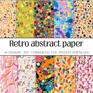以下が含まれることがあります： レトロな抽象的な紙のデザインのコレクション。画像には、スプラッター、幾何学模様、花柄など、さまざまなカラフルなパターンが表示されています。「Retro abstract paper」というテキストとデザインの詳細が表示されています。